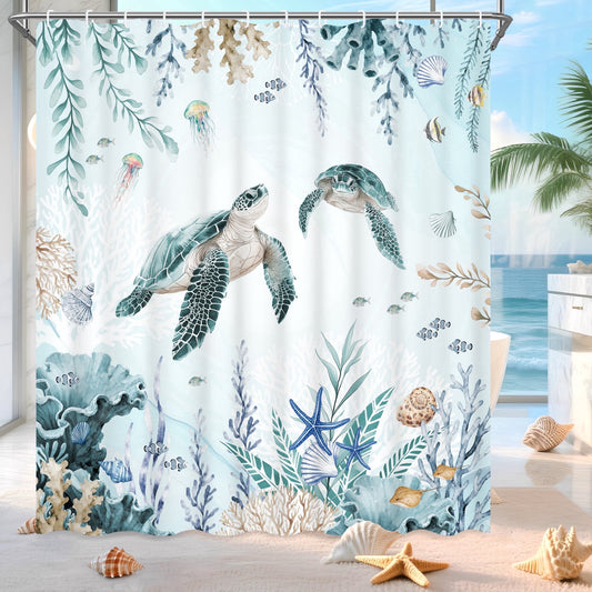 Ikfashoni Ocean Turtle Shower Curtain with Hooks,13pc Waterproof Fabric Bathroom Curtain, 72"X72"
