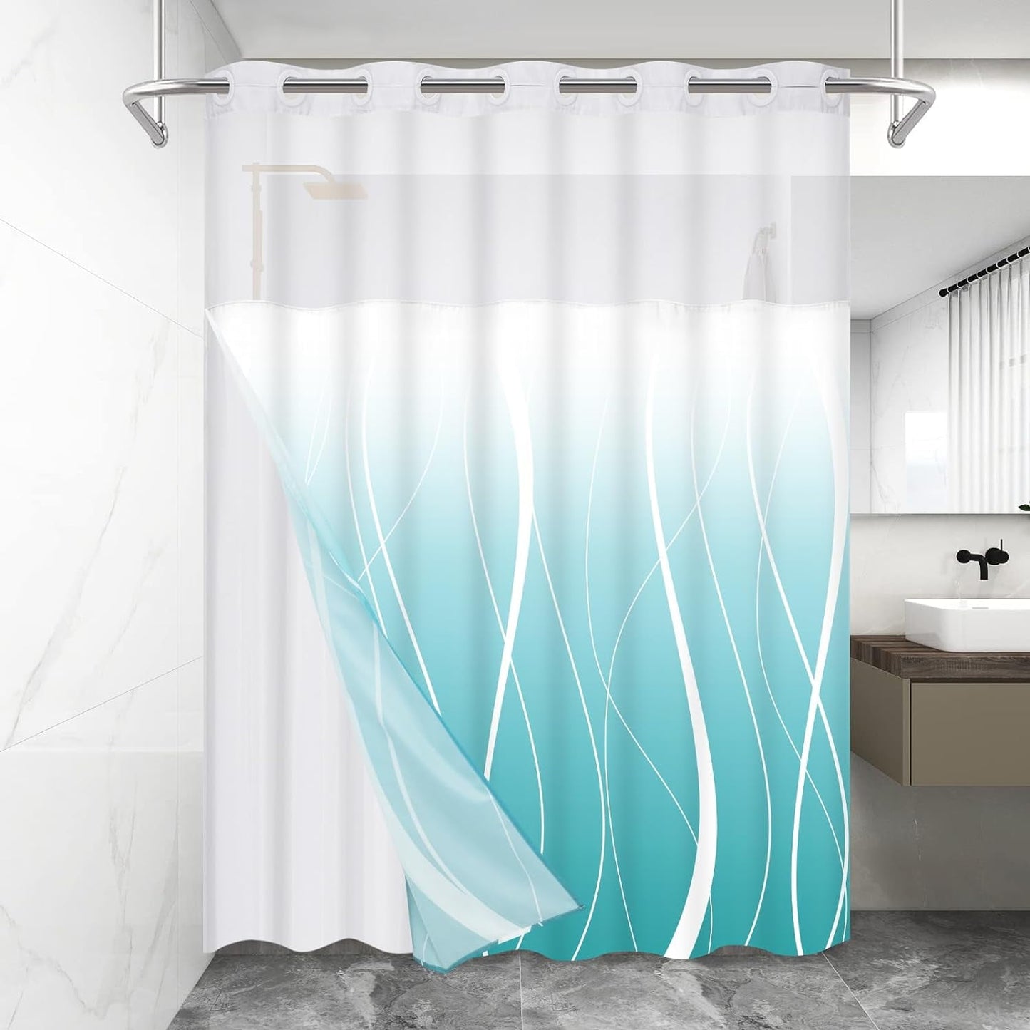 Ikfashoni Ombre Hookless Shower Curtain with Snap in Liner,Green Gradient Waterproof Fabric Mesh Window Bath Curtain,71"X74"