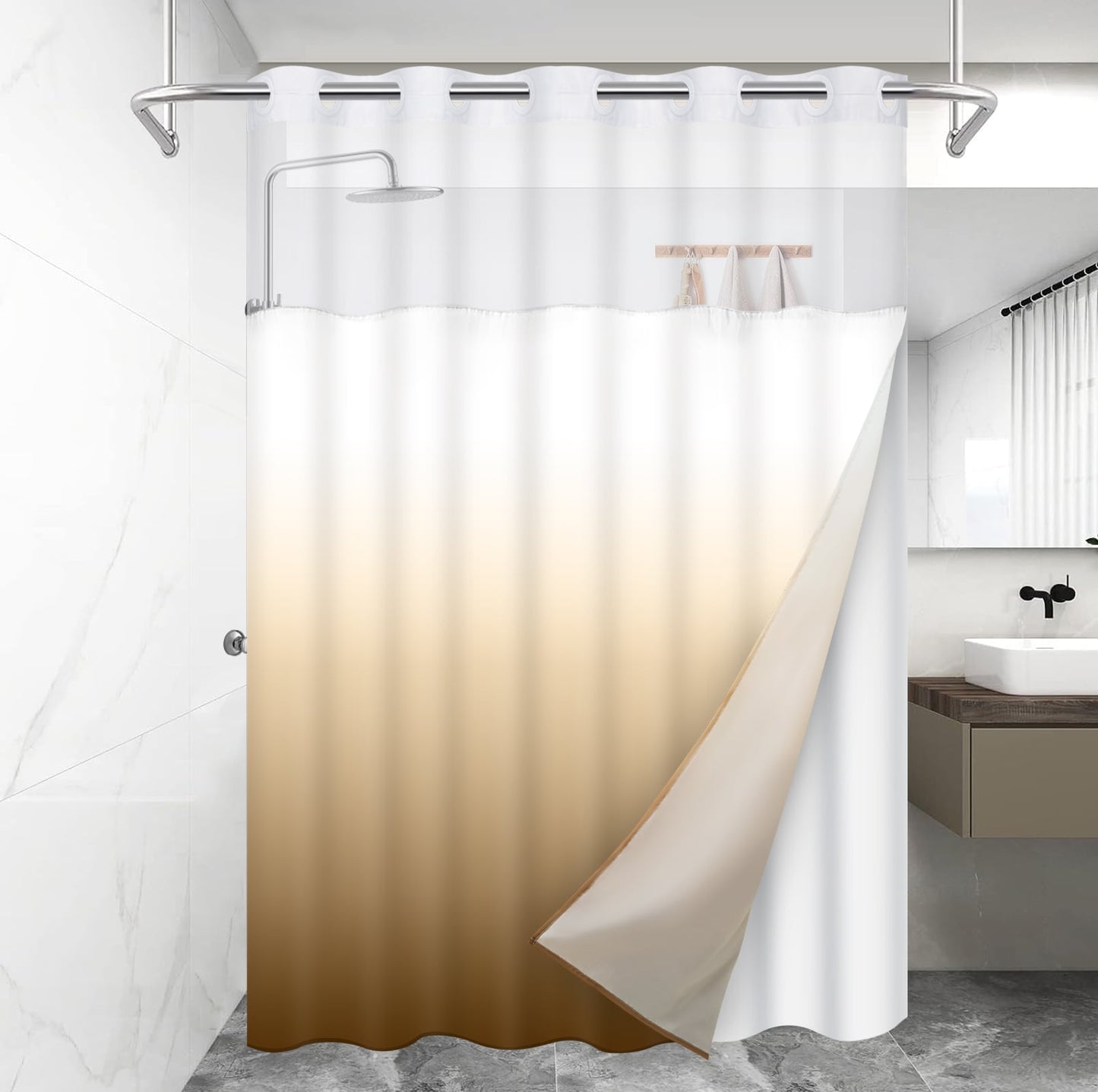 Ikfashoni Hookless Shower Curtain with Snap in Liner, Navy Gradient No Hook Waterproof Ombre Bath Curtain, 71"X74"