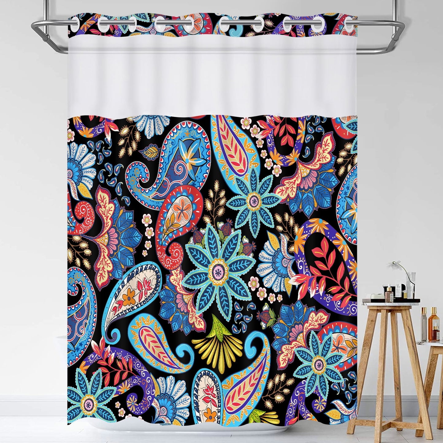 Ikfashoni White Paisley Hookless Shower Curtain with Snap in Liner, Mesh Window Boho Waterproof Fabric Bath Curtain, 71"X74"