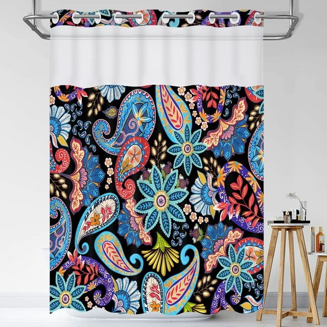 Ikfashoni Paisley Hookless Shower Curtain with Snap in Liner,Black Boho Waterproof Fabric Mesh Window Bath Curtain, 71"X74"