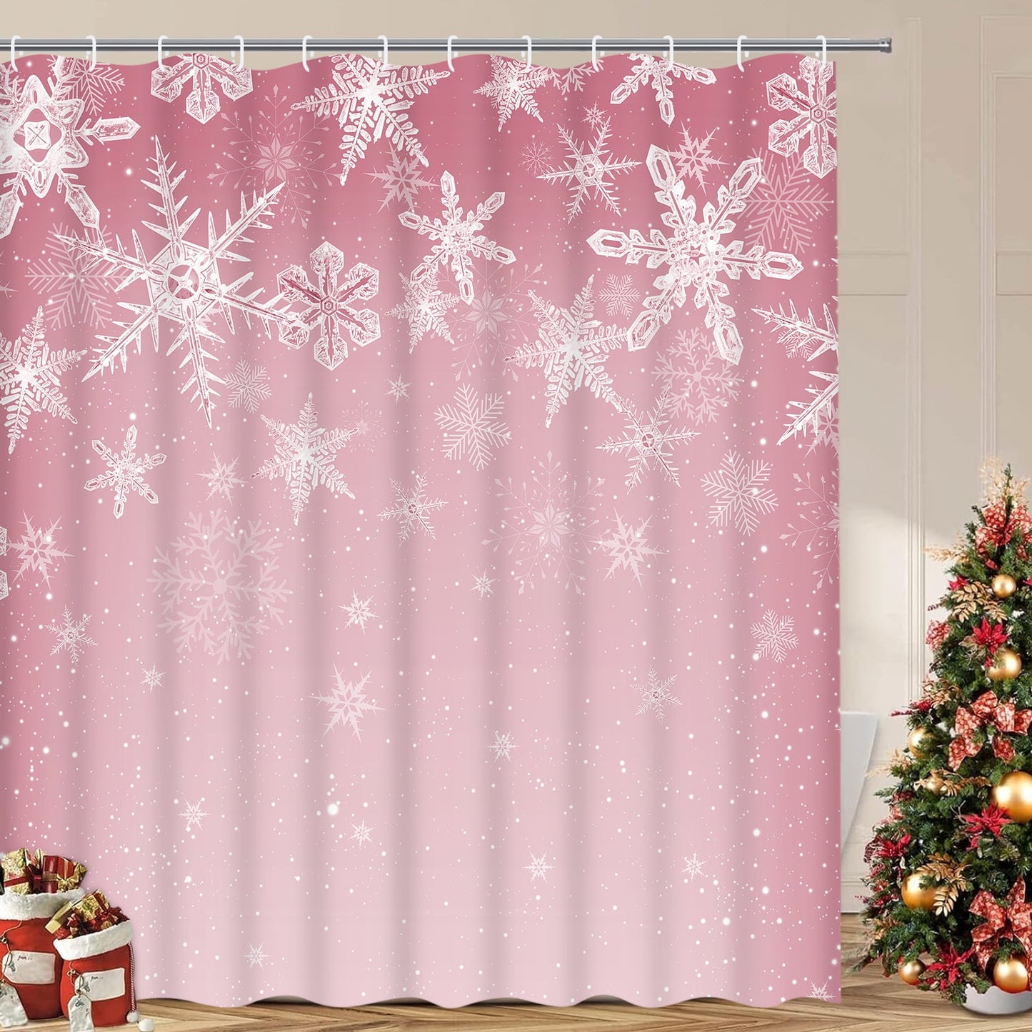 Ikfashoni Christmas Shower Curtain, Crystal Snowflake Gray Waterproof Fabric Bathroom Curtain, 70"X69"