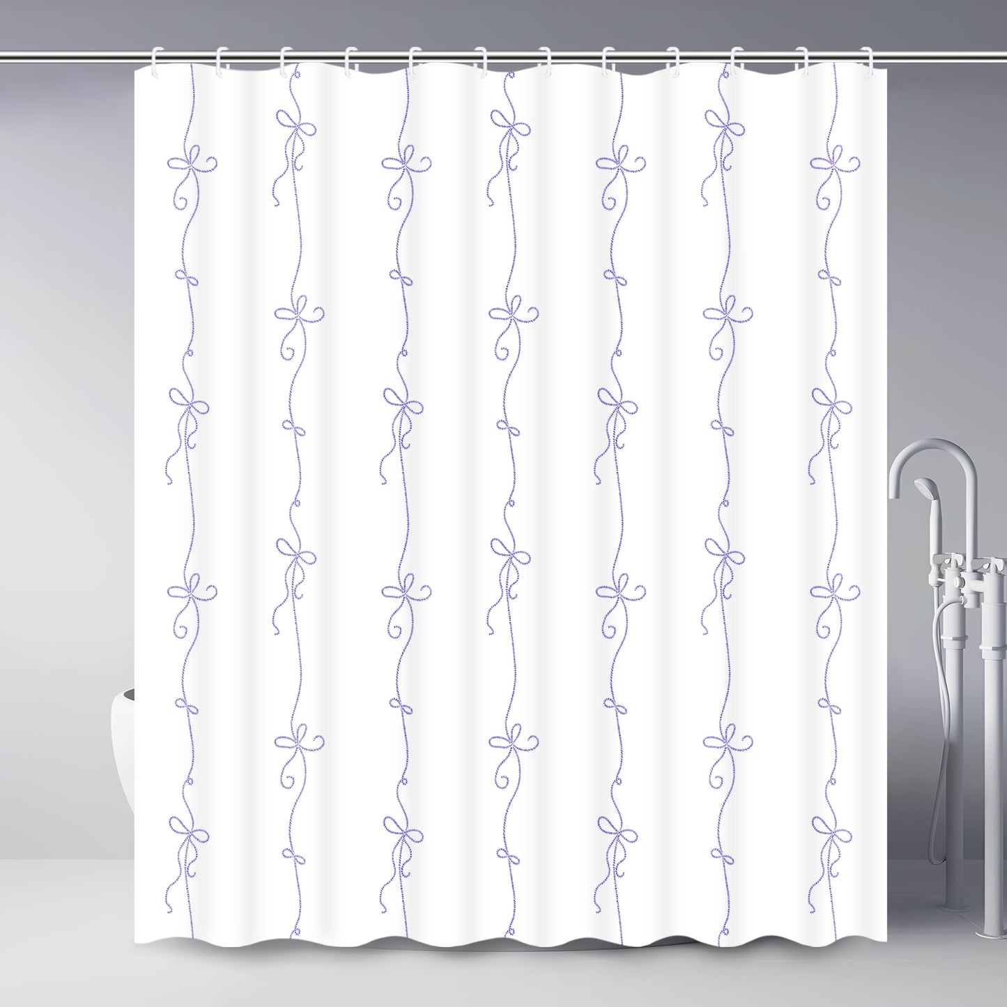 Ikfashoni Purple Bow Shower Curtain with Hooks,13pc Waterproof Fabric Bath Curtain, 72"X72"