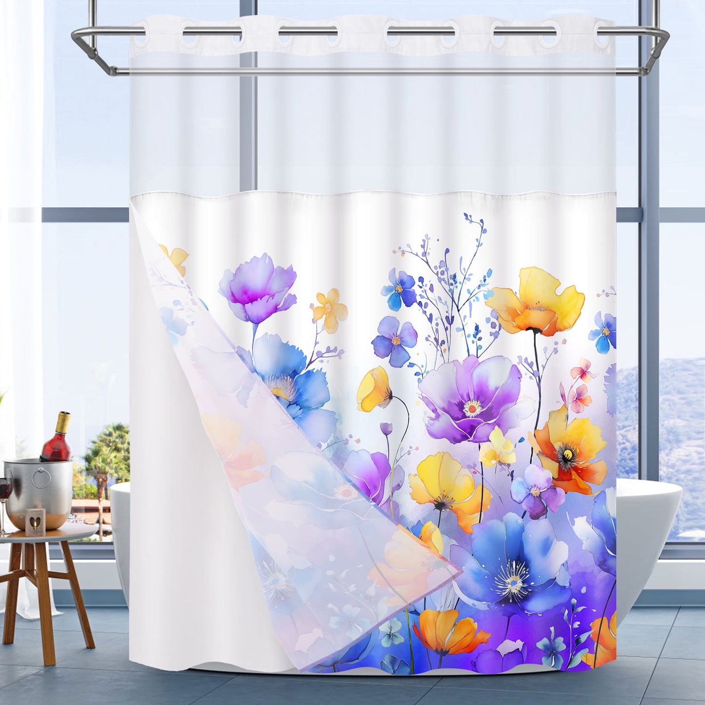 Ikfashoni Hookless Shower Curtain with Snap in Liner, White Boho Floral Waterproof Fabric Mesh Window Bath Curtain, 71"X74"