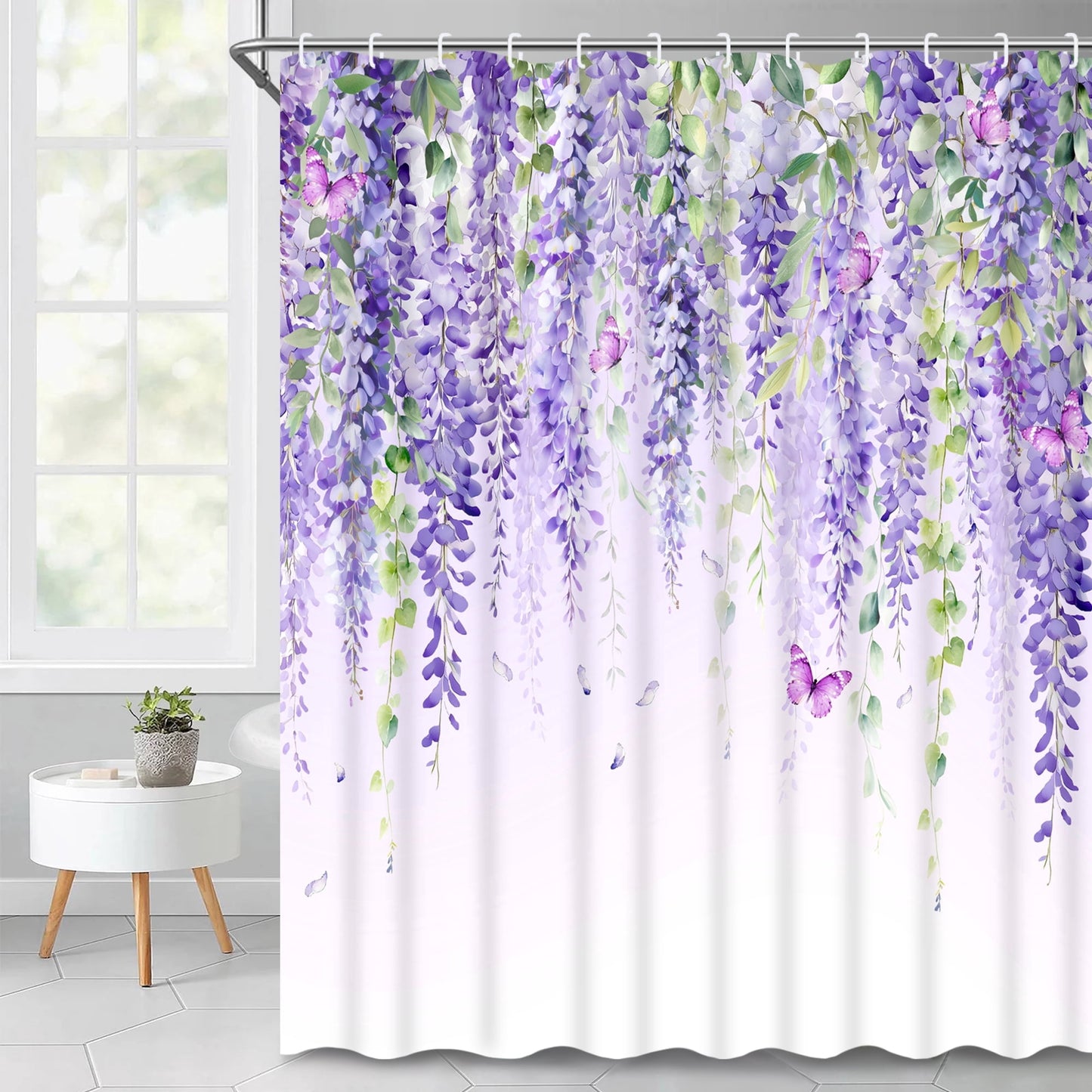 Ikfashoni Purple Flowers Shower Curtain with Hooks,13pc Waterproof Fabric Bathroom Curtain, 72"X72"