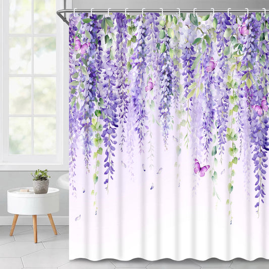 Ikfashoni Purple Flowers Shower Curtain with Hooks,13pc Waterproof Fabric Bathroom Curtain, 72"X72"