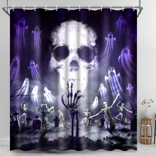 Ikfashoni Black Skull Halloween Shower Curtain, Ghost Graveyard Waterproof Fabric Bathroom Decor, 72"X72"