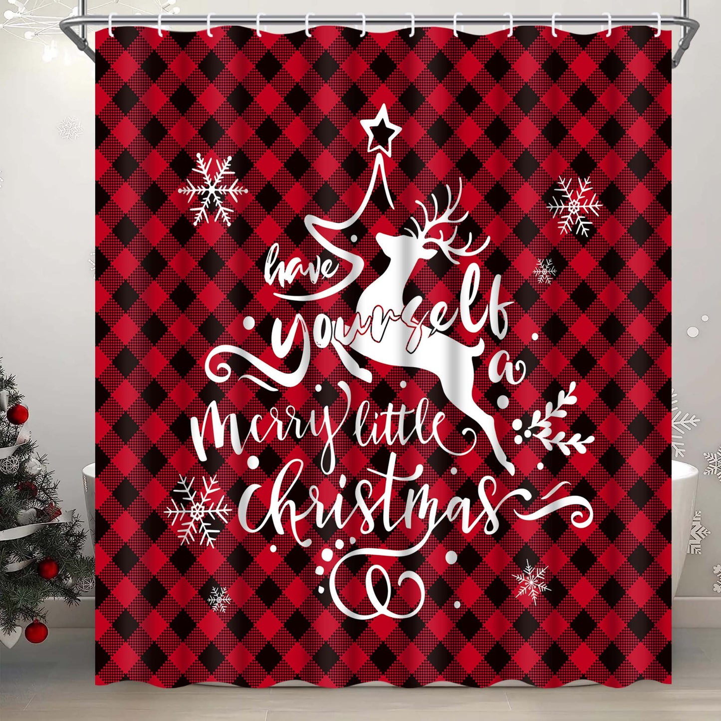 Ikfashoni Red Buffalo Plaid Christmas Shower Curtain, 13pc Deer Waterproof Fabric Bathroom Curtain, 70"X69"