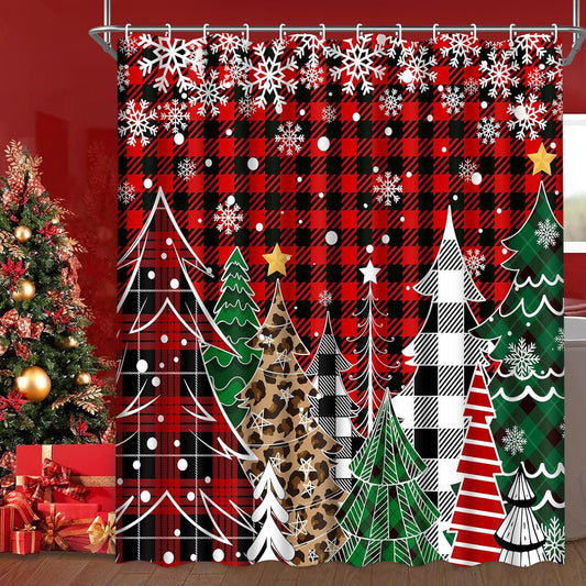 Ikfashoni Red Buffalo Plaid Christmas Tree Shower Curtain with 12 Hooks,Snowflake Waterproof Fabric Bathroom Curtain,70"X69"