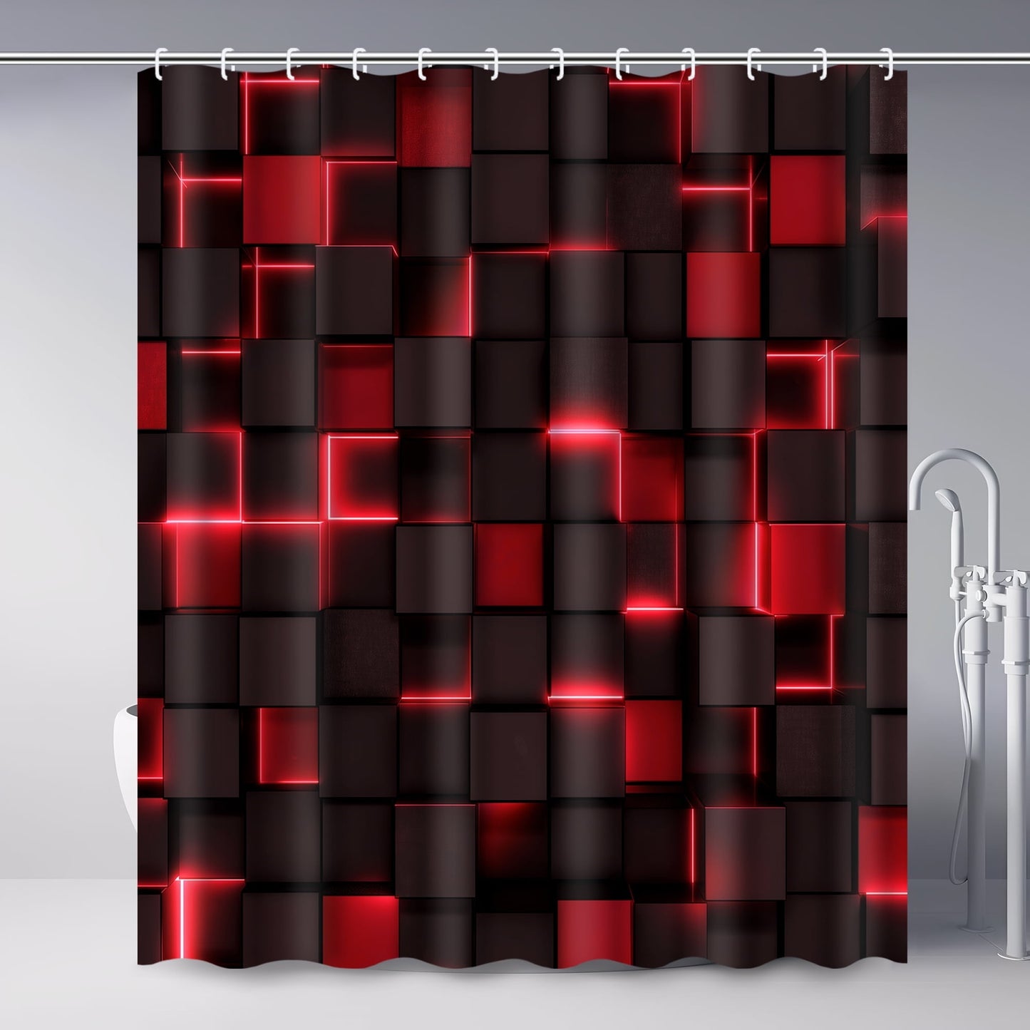Ikfashoni Red Shower Curtain with Hooks,13pc 3D Cube Waterproof Fabric Bath Curtain, 72"X72"