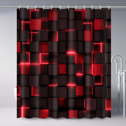 Ikfashoni Red Shower Curtain with Hooks,13pc 3D Cube Waterproof Fabric Bath Curtain, 72"X72"