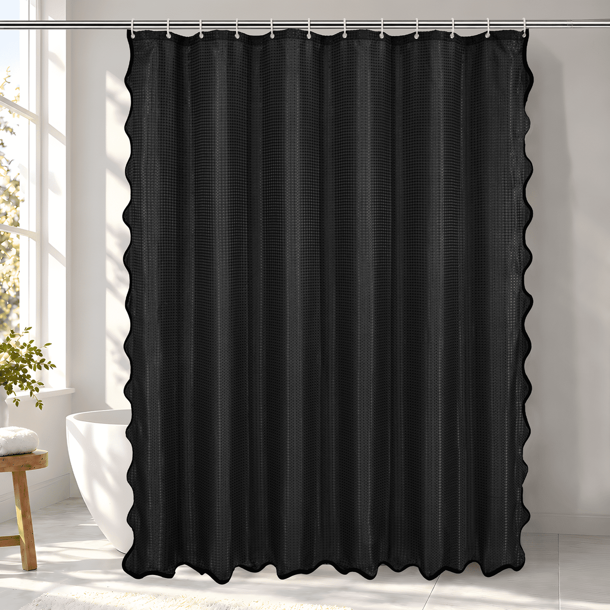 Ikfashoni Scalloped Shower Curtain with Hooks,Waterproof Waffle Fabric Bathroom Curtain with Black Border, White