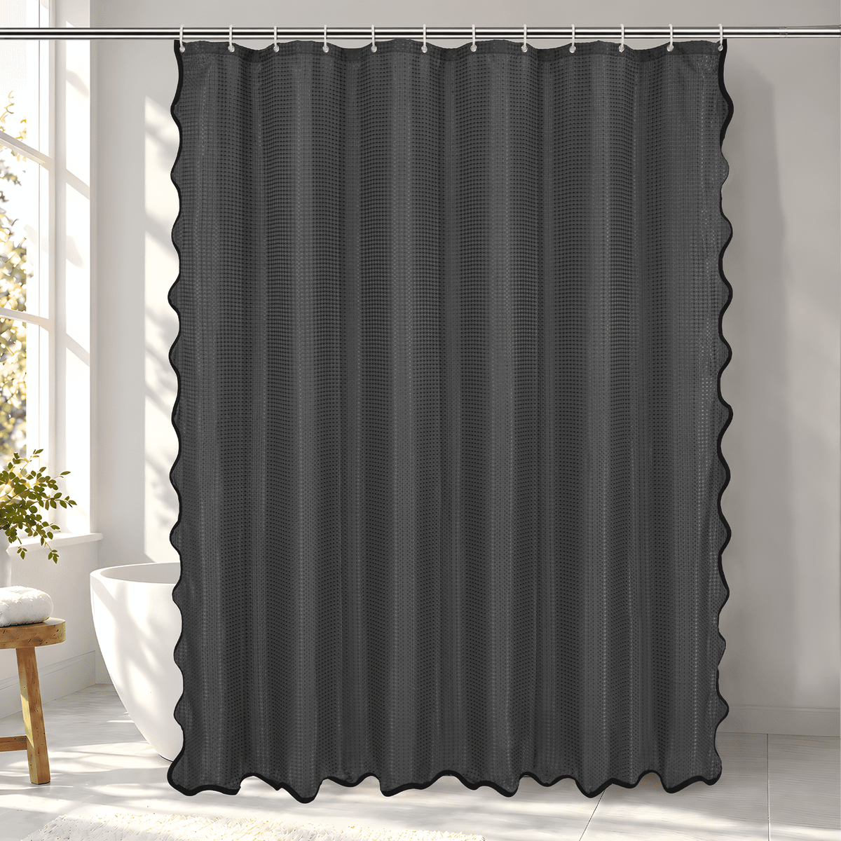 Ikfashoni Scalloped Shower Curtain with Hooks,Waterproof Waffle Fabric Bathroom Curtain with Black Border, White