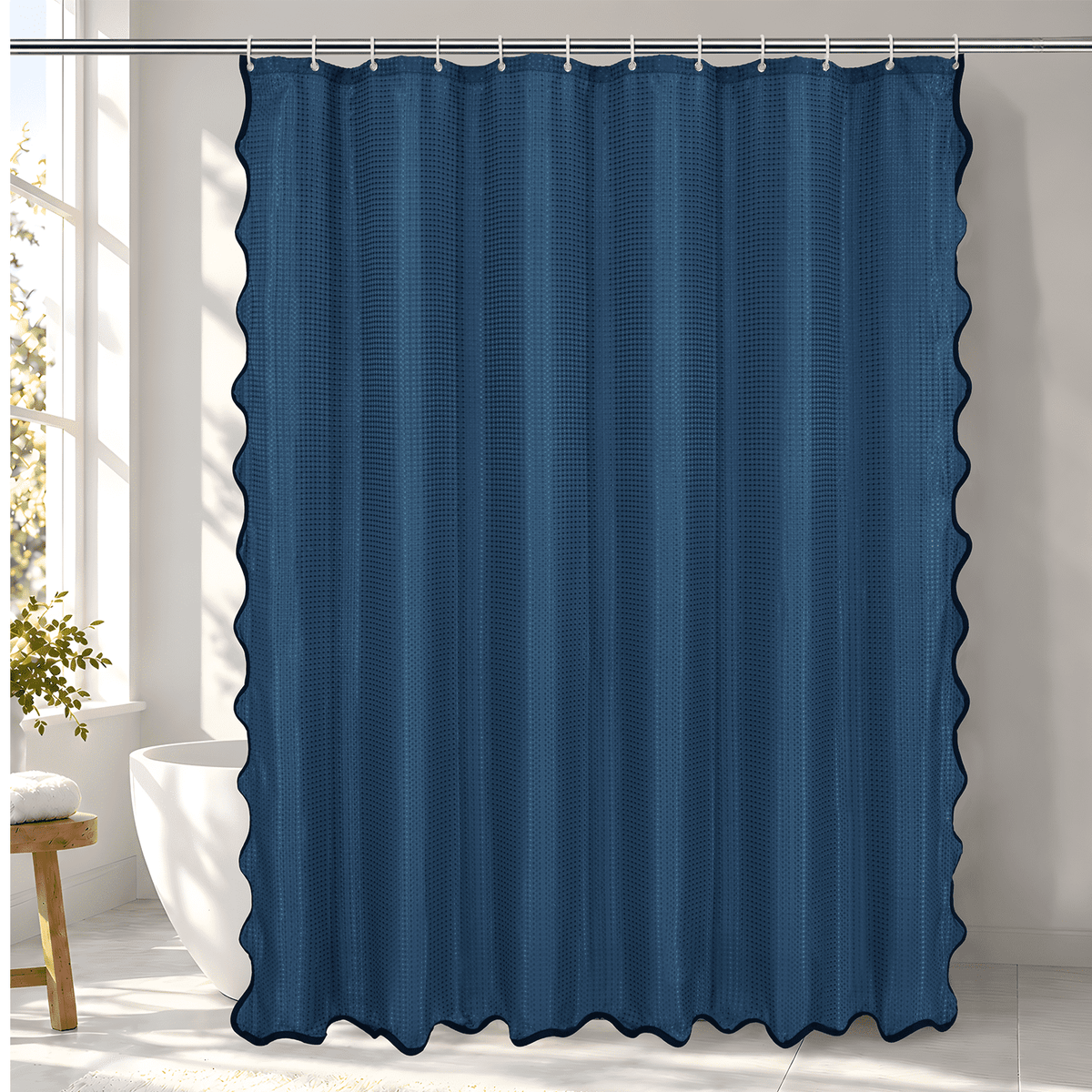 Ikfashoni Scalloped Shower Curtain with Hooks,Waterproof Waffle Fabric Bathroom Curtain with Black Border, White