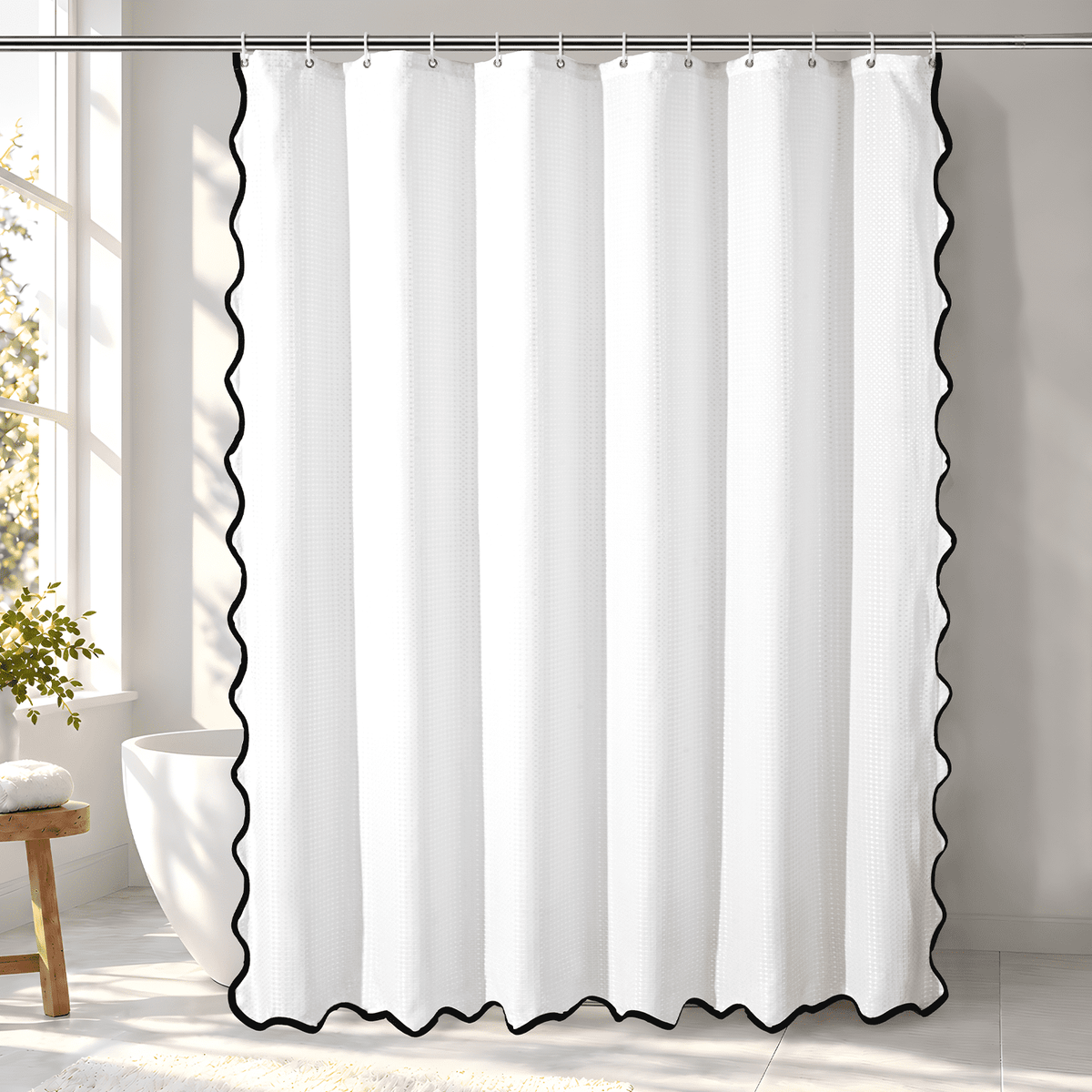 Ikfashoni Scalloped Shower Curtain with Hooks,Waterproof Waffle Fabric Bathroom Curtain with Black Border, White