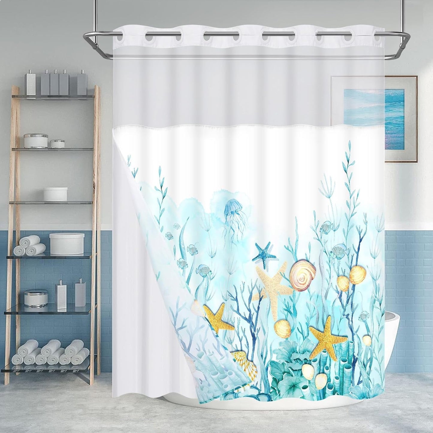 Ikfashoni Hookless Shower Curtain with Snap in Liner, White Boho Floral Waterproof Fabric Mesh Window Bath Curtain, 71"X74"