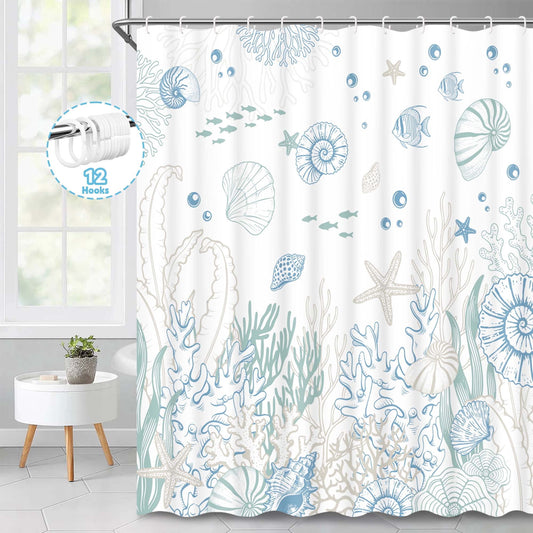 Ikfashoni Seashell Shower Curtain with Hooks,13pc Waterproof Fabric Bathroom Curtain, 72"X72"