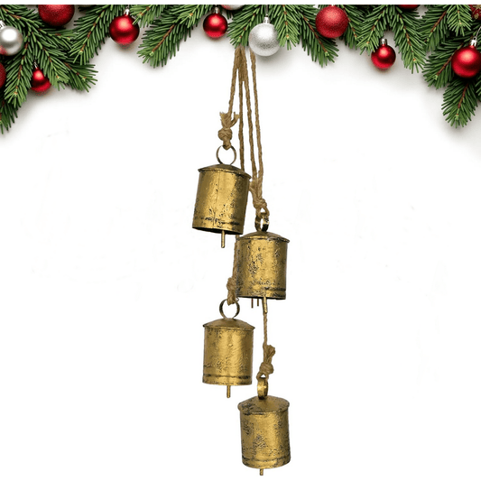 Ikfashoni Set of 4 Christmas Bells with Jute Rope, Large Rustic Metal Bell Christmas Gift, Brass Handicrafts Cow Bells