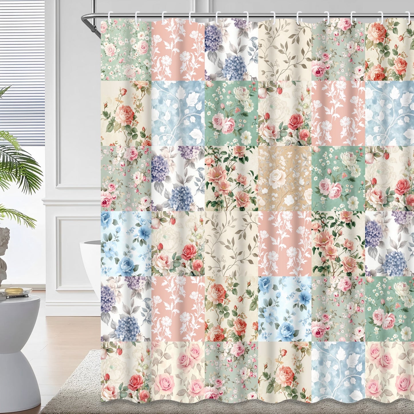 Ikfashoni Spring Flowers Shower Curtain with Hooks,13pcs Waterproof Fabric Bathroom Curtain, 72"X72"