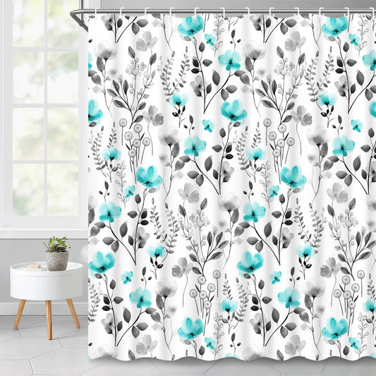 Ikfashoni Teal Flower Shower Curtain with Hooks,13pc Gray Waterproof Fabric Bathroom Curtain, 72"X72"
