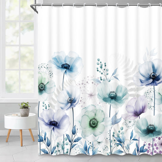 Ikfashoni Watercolor Flower Shower Curtain with Hooks,13pc Blue Waterproof Fabric Bathroom Curtain, 72"X72"