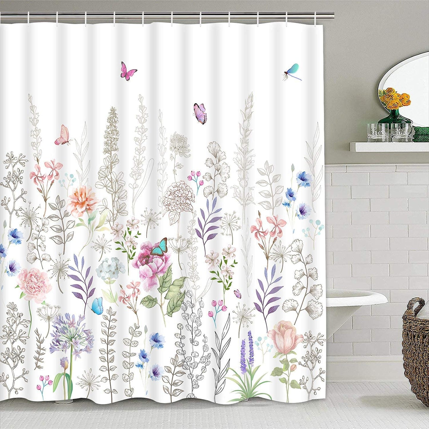 Ikfashoni White Boho Floral Shower Curtain, Waterproof Spring Butterfly Bathroom Shower Curtains, 69"X70"