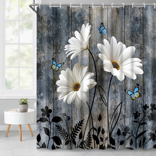 Ikfashoni White Daisy Shower Curtain with Hooks,13pc Rustic Waterproof Fabric Bathroom Curtain, 72"X72"