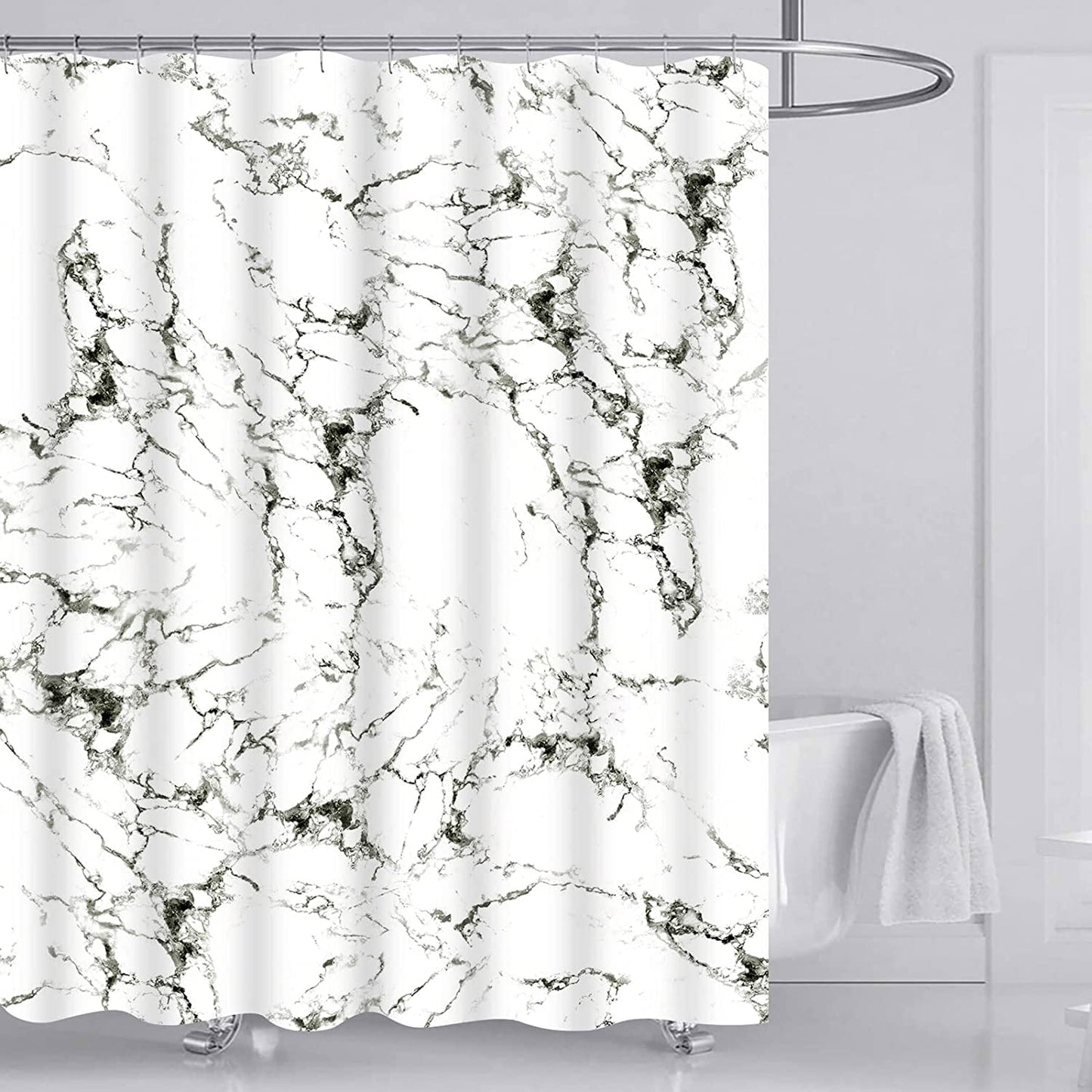 Ikfashoni Black Shower Curtain, 13pc Waterproof Marble Abstract Fabric Bathroom Sets with Hooks, 69"X70"