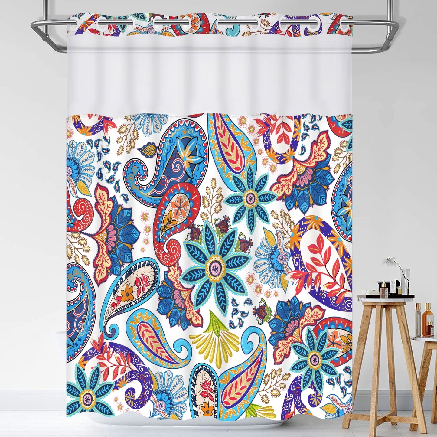 Ikfashoni White Paisley Hookless Shower Curtain with Snap in Liner, Mesh Window Boho Waterproof Fabric Bath Curtain, 71"X74"