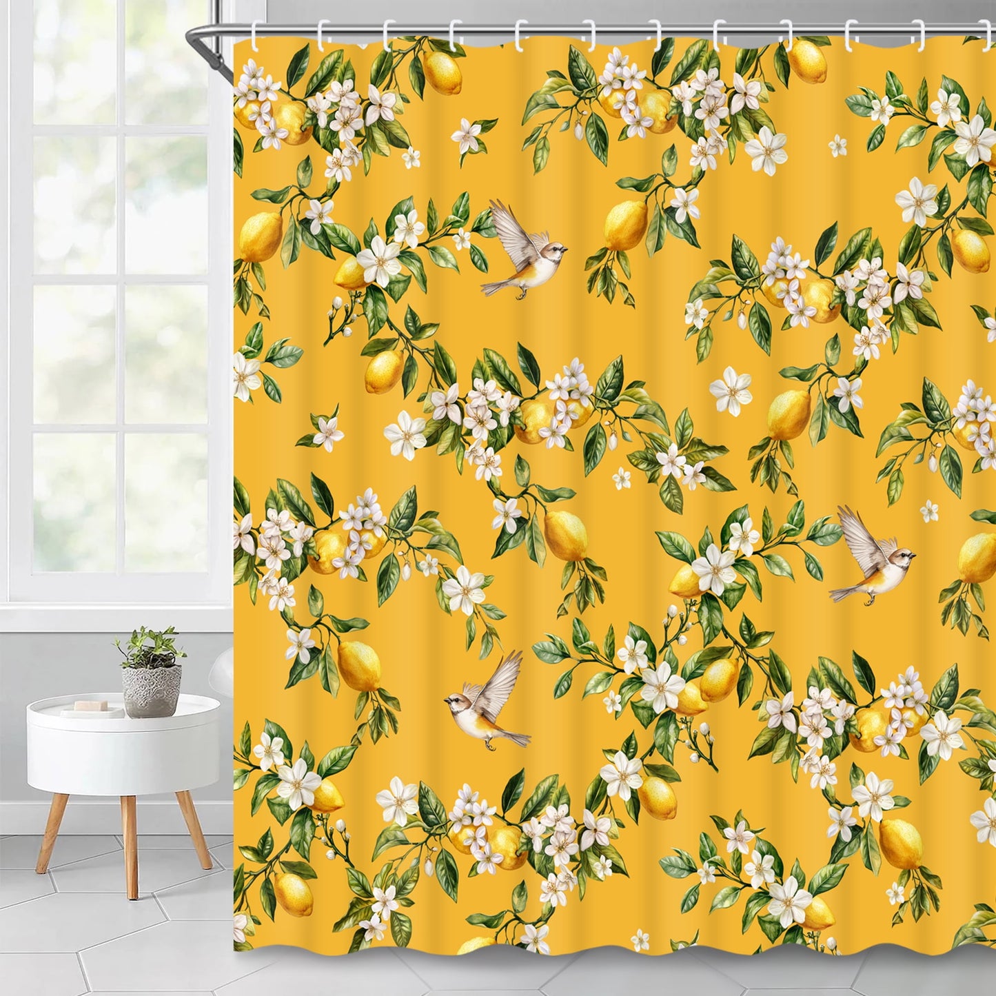 Ikfashoni Yellow Lemon Bird Shower Curtain with Hooks,13pc Waterproof Fabric Bathroom Curtain, 72"X72"