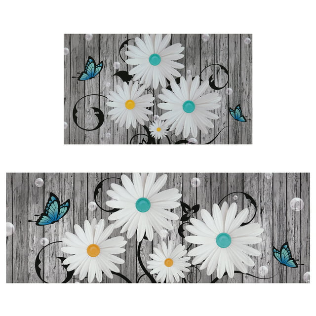 Waipfaru White Daisy Kitchen Rugs Set of Waipfaru 2 Floral Runner Kitchen Rugs and Mats Anti Fatigue Kitchen Floor Mat, 17" x 48" + 17" x 30"