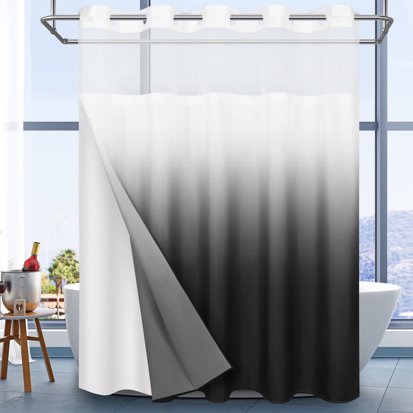 Ikfashoni No Hook Shower Curtain with Snap in Liner, Black Ombre Hookless Waterproof Bath Curtain, 71"X74"
