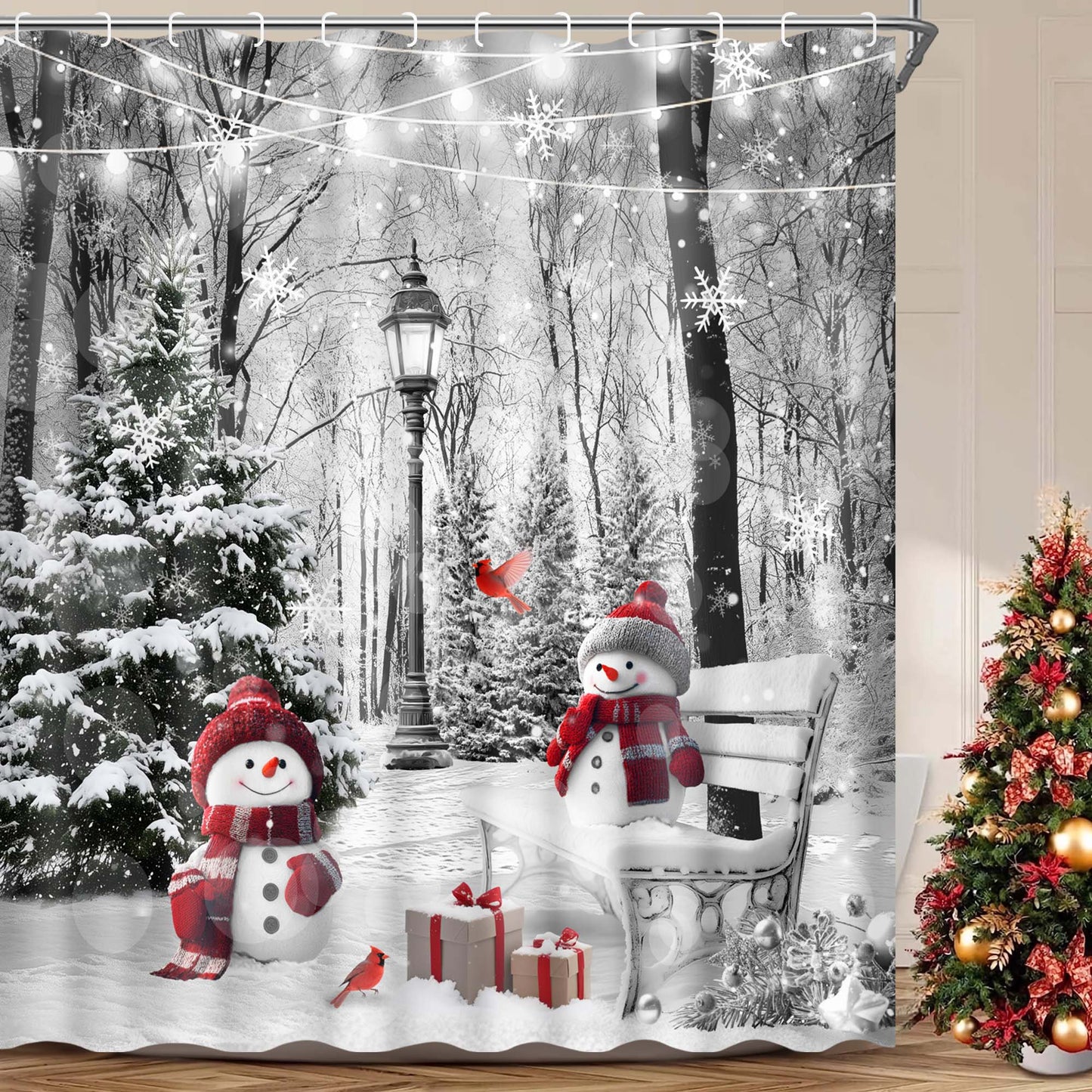 Ikfashoni Christmas Shower Curtain with Hooks, Winter Snowman Waterproof Bathroom Curtains, 72"X72"