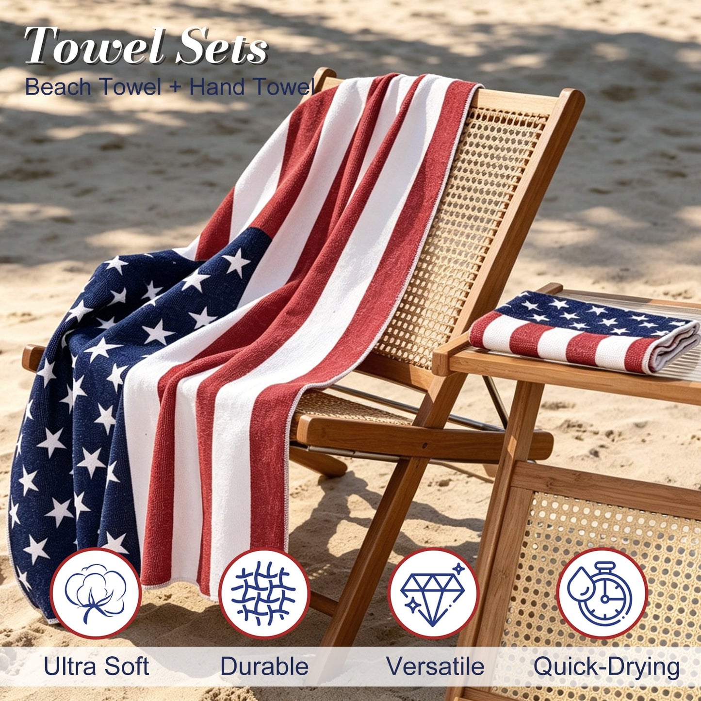 Ikfashoni American Flag Beach Towel and Hand Towel Set, Patriotic Stars Stripes Soft Absorbent Towels