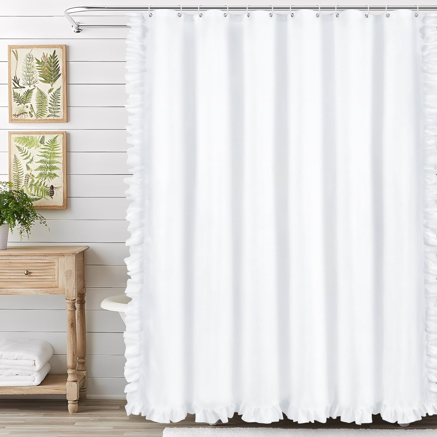 Ikfashoni White Shower Curtain with Ruffle Edge,Boho Waterproof Fabric Bathroom Curtain