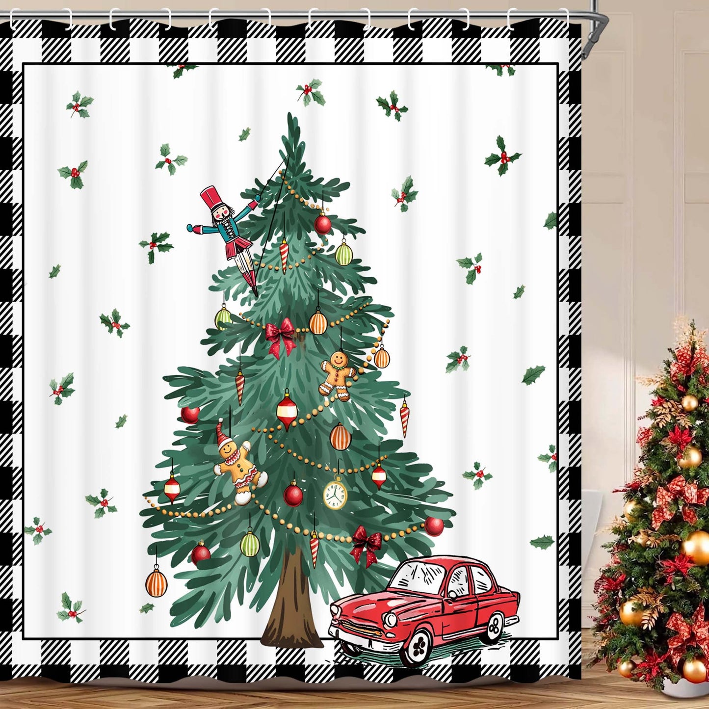 Ikfashoni Christmas Tree Shower Curtain with Hooks, Black and White Grid Waterproof Fbric Bathroom Curtains, 72"X72"