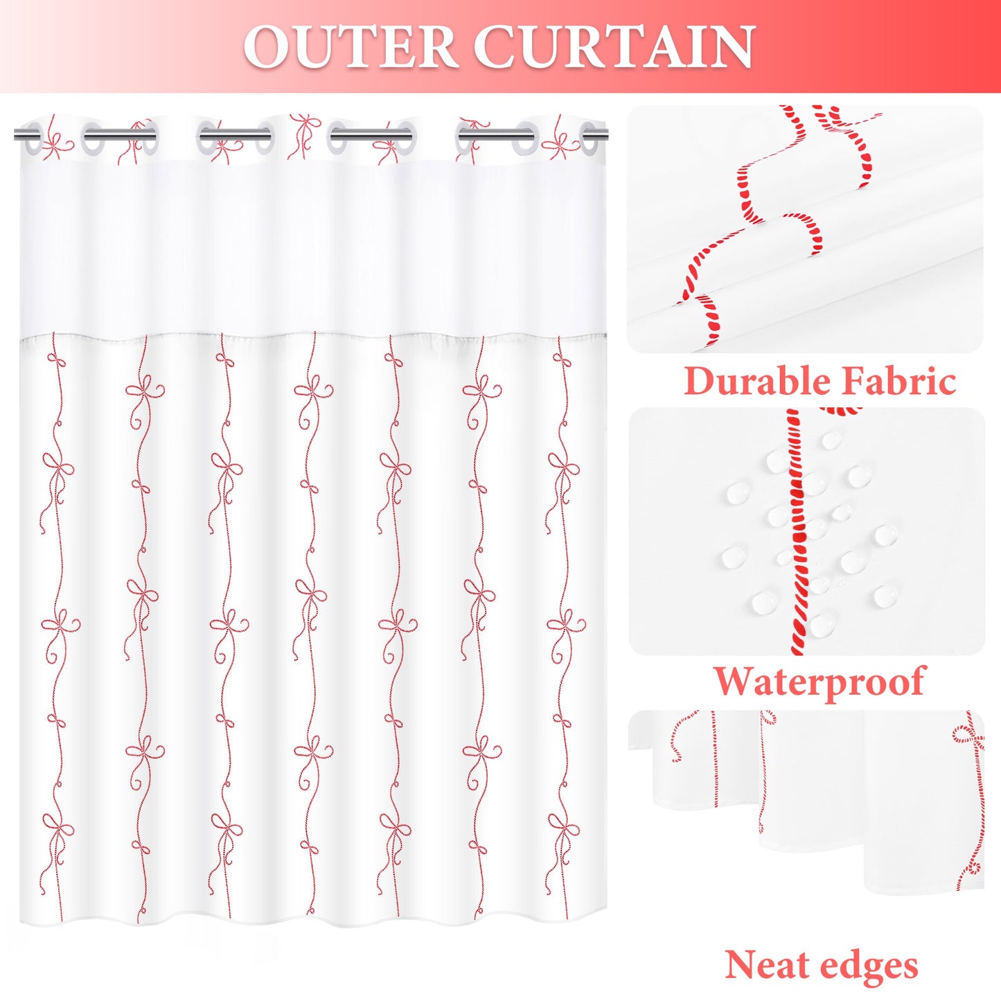 Ikfashoni No Hook Shower Curtain with Snap in Liner, Red Bow Hookless Waterproof Bath Curtain, 71"X74"