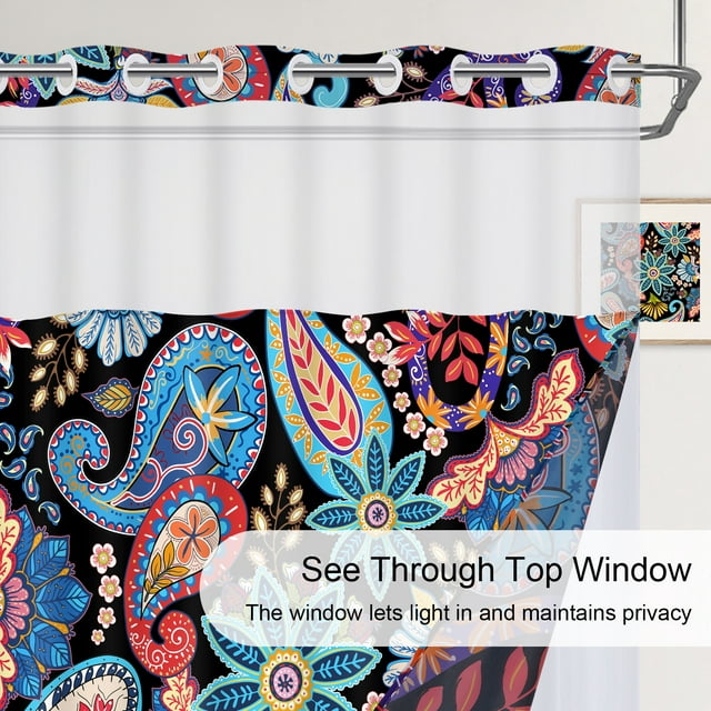 Ikfashoni Paisley Hookless Shower Curtain with Snap in Liner,Black Boho Waterproof Fabric Mesh Window Bath Curtain, 71"X74"