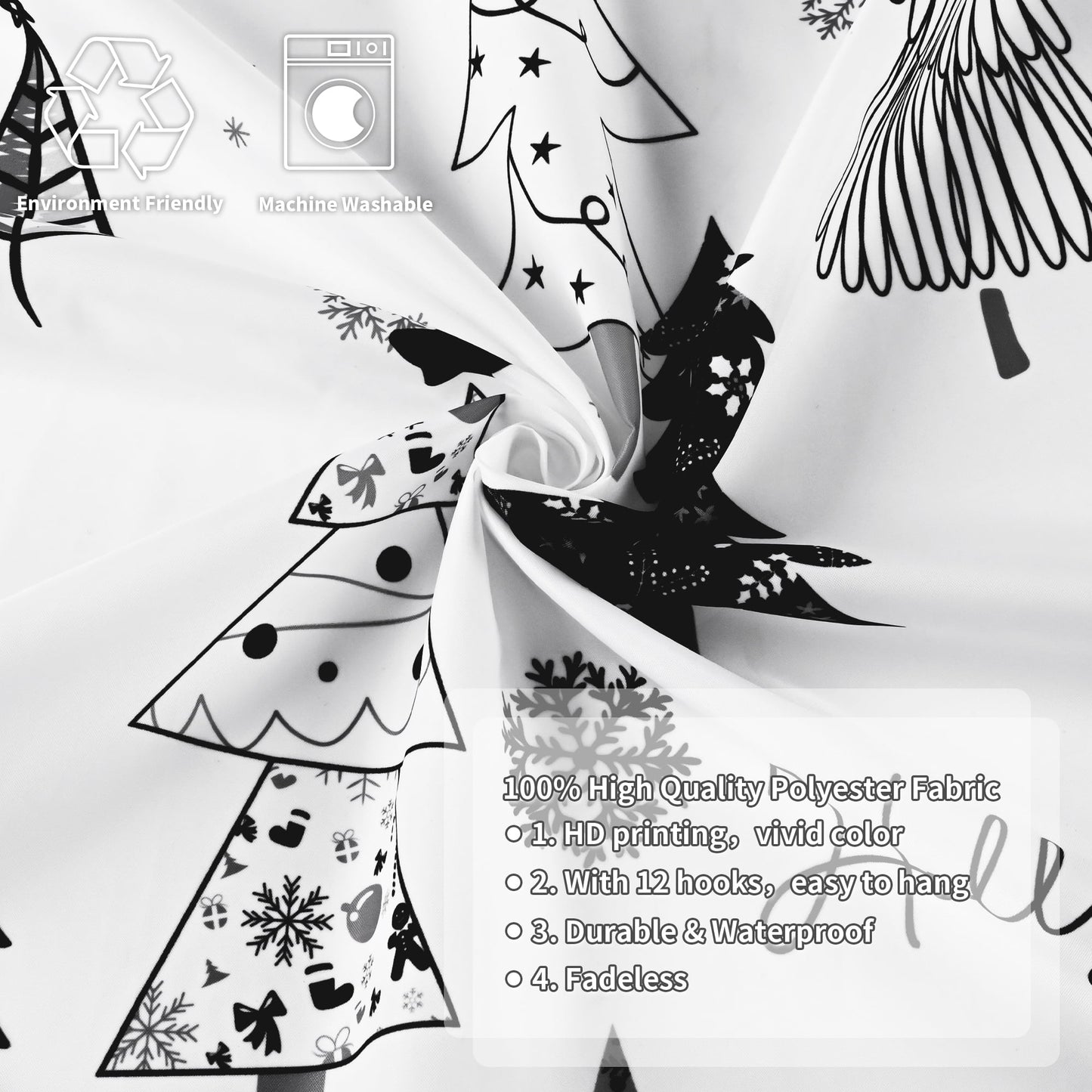 Ikfashoni Christmas Tree Shower Curtain with Hooks, Gray Waterproof Bathroom Curtains, 72"X72"