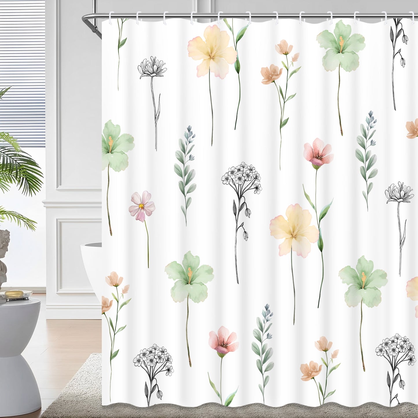 Ikfashoni Green Flowers Shower Curtain with Hooks,13pc Waterproof Fabric Bathroom Curtain, 72"X72"