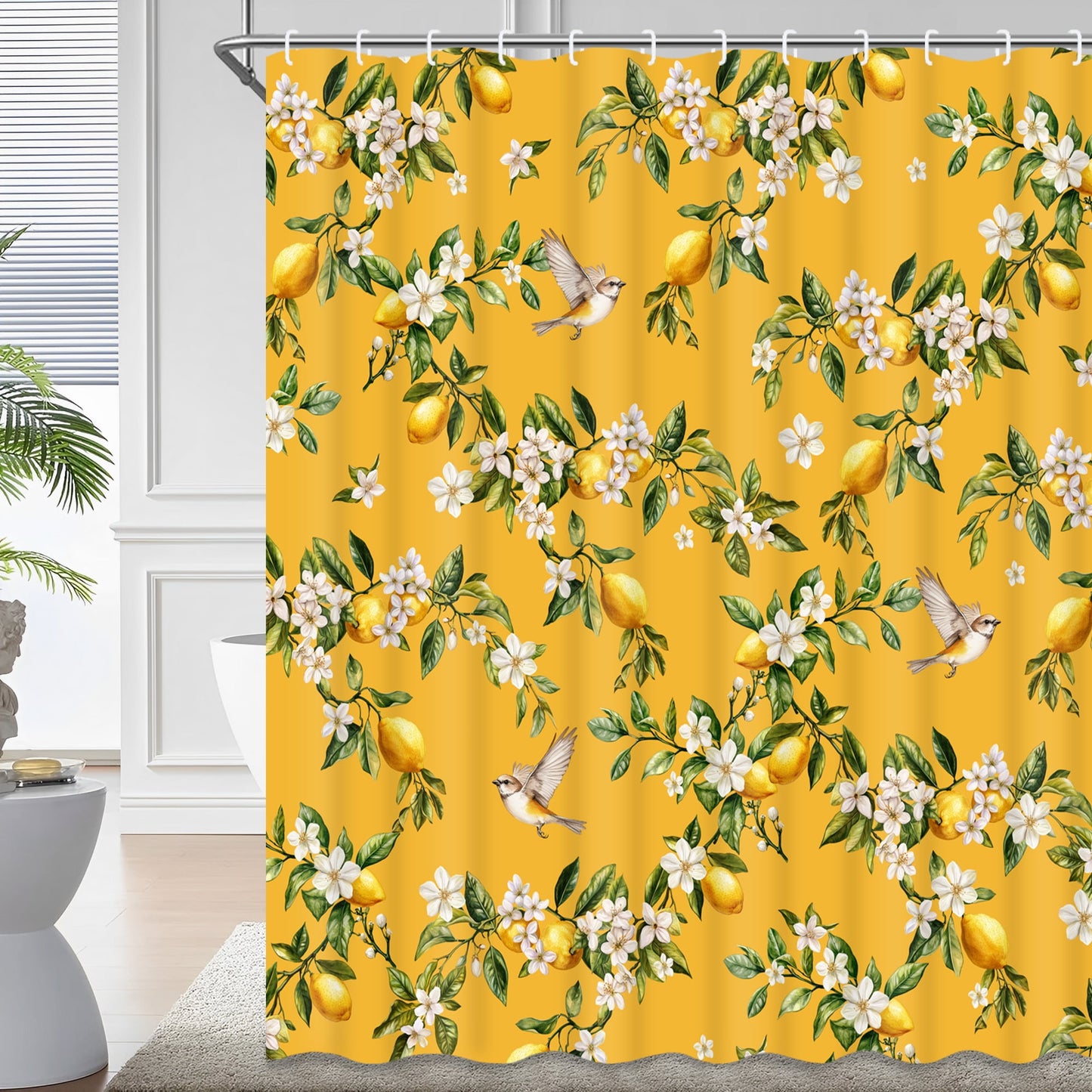 Ikfashoni Yellow Lemon Bird Shower Curtain with Hooks,13pc Waterproof Fabric Bathroom Curtain, 72"X72"