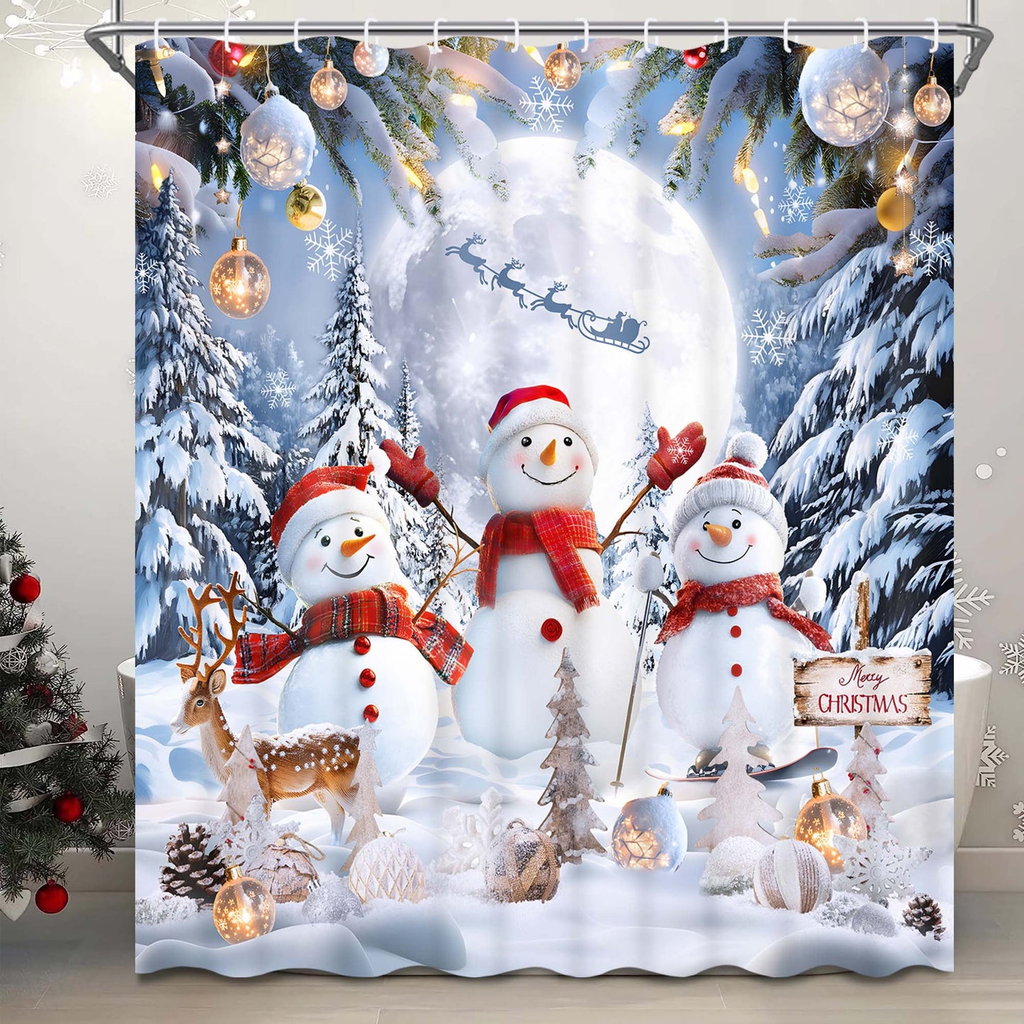 Ikfashoni Christmas Shower Curtain with Hooks,Snowman Waterproof Fabric Christmas Bathroom Decor,70"X69"