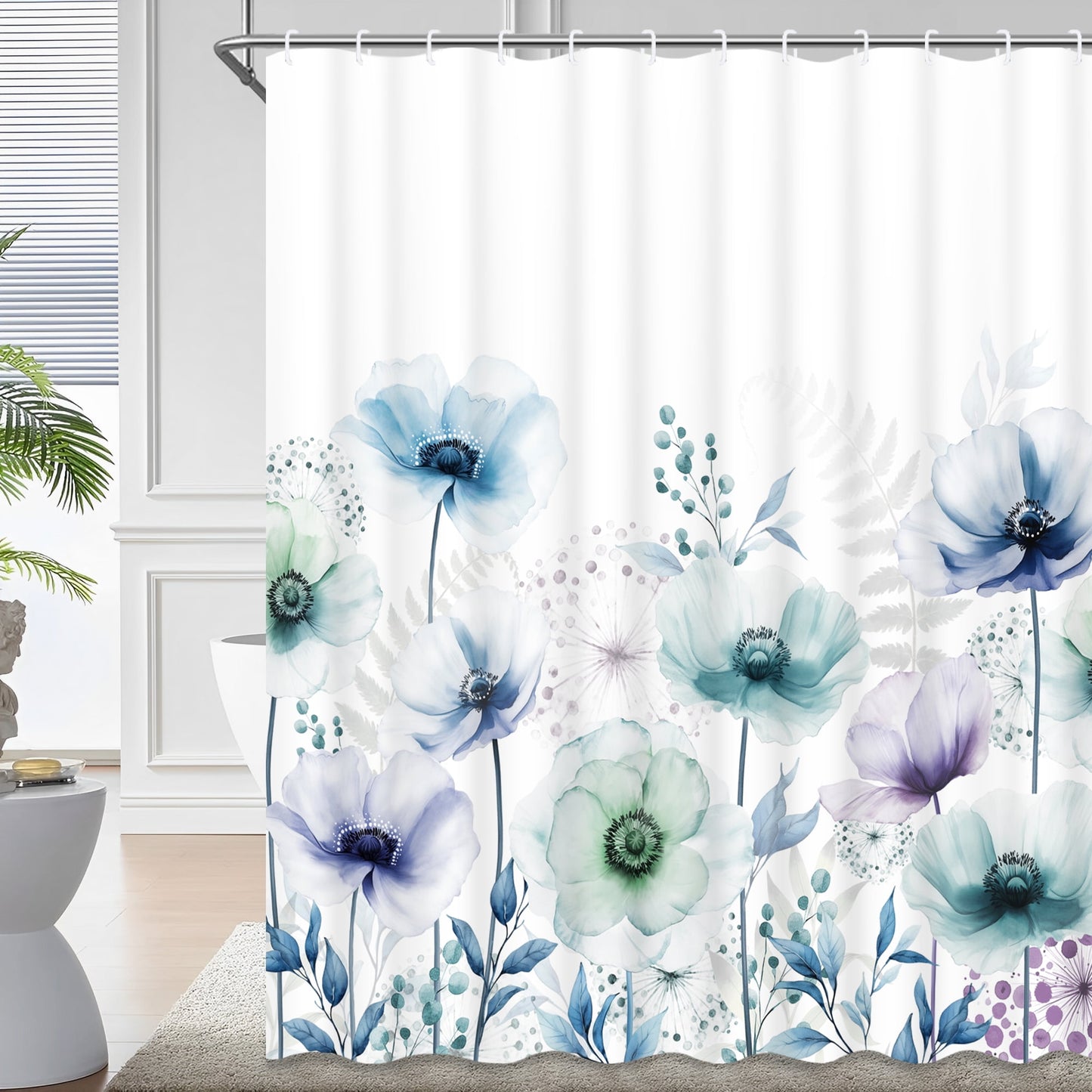 Ikfashoni Watercolor Flower Shower Curtain with Hooks,13pc Blue Waterproof Fabric Bathroom Curtain, 72"X72"