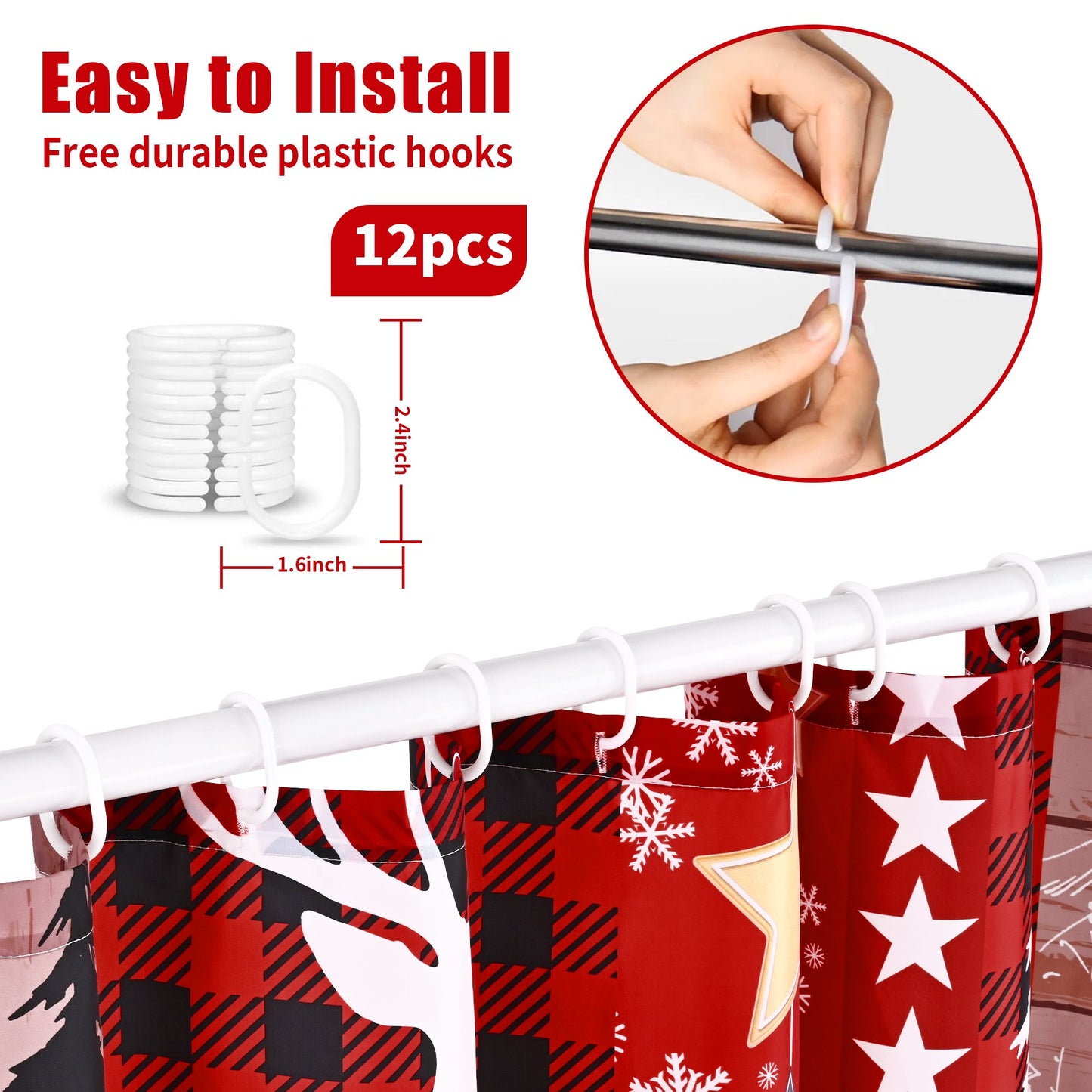 Ikfashoni Christmas Shower Curtain with Hooks, Red Deer Waterproof Bathroom Curtains, 72"X72"