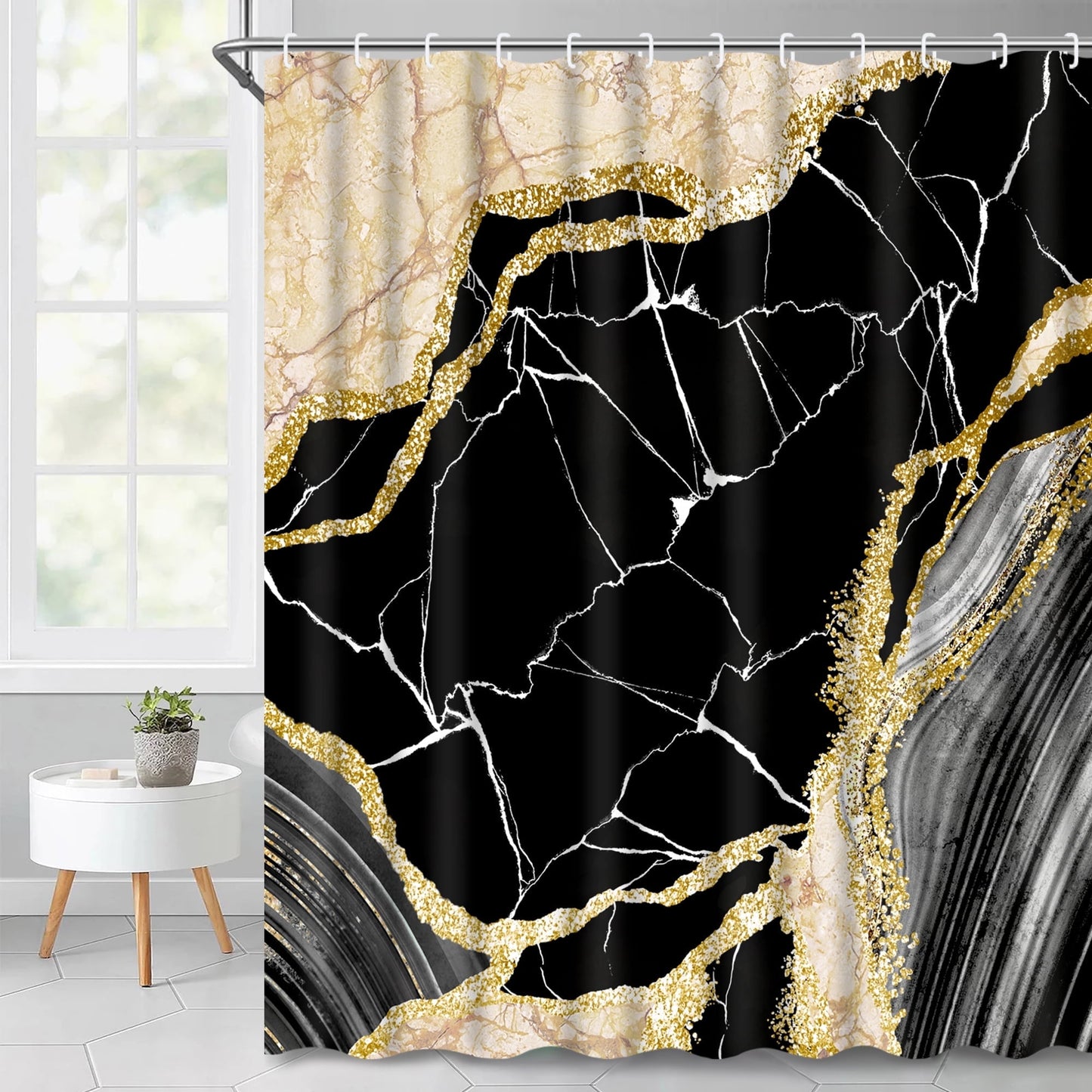 Ikfashoni Marble Shower Curtain with Hooks, 13pc Waterproof Fabric Bath Curtain, 72"X72"