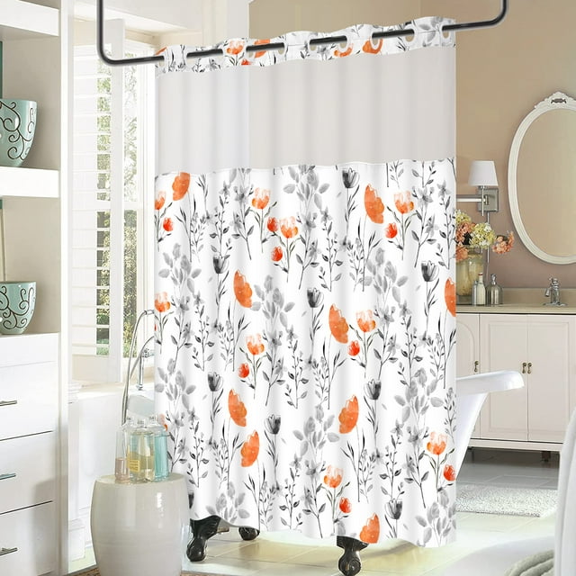 Ikfashoni Hookless Shower Curtain with Snap in Liner,Orange Floral Waterproof Fabric Mesh Window Bath Curtain,71"X74"