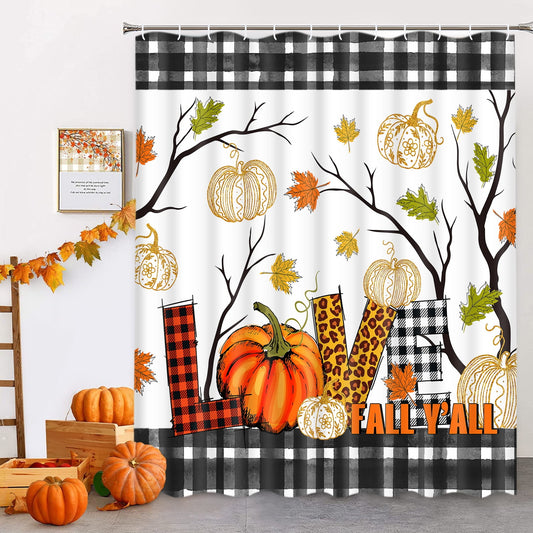 Ikfashoni Thanksgiving Shower Curtain, Buffalo Plaid Fall Love Pumpkin Thanksgiving Waterproof Fabric Bath Curtain, 70"X69"