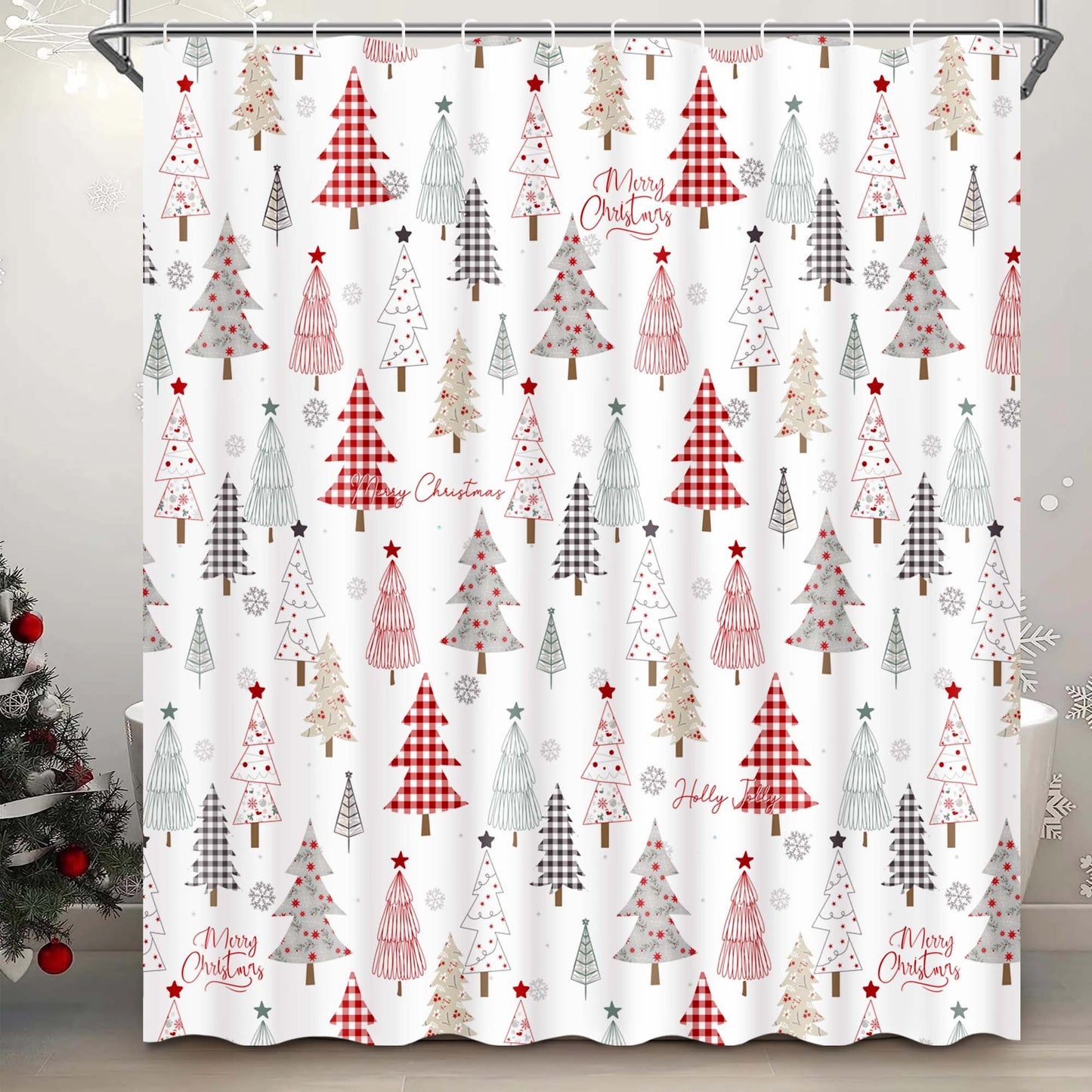 Ikfashoni Christmas Tree Shower Curtain with Hooks, Red Waterproof Bathroom Curtains, 72"X72"