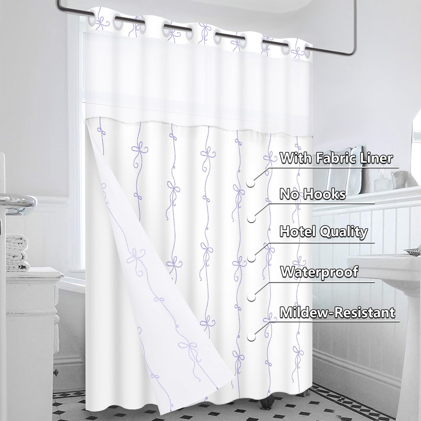 Ikfashoni No Hook Shower Curtain with Snap in Liner, Purple Bow Hookless Waterproof Bath Curtain, 71"X74"