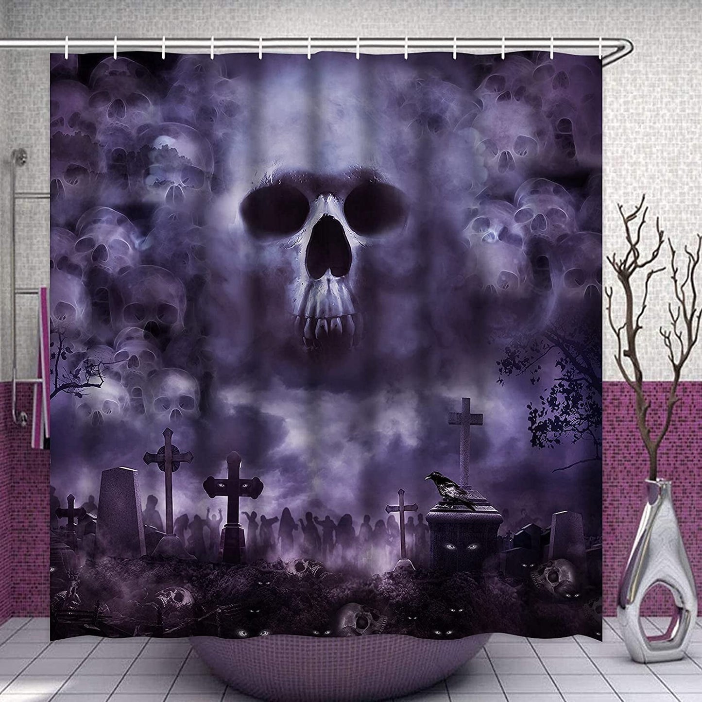 Ikfashoni Halloween Ghost Shower Curtain, Scary Skull Graveyard Waterproof Fabric Bathroom Decor, 70"X69"